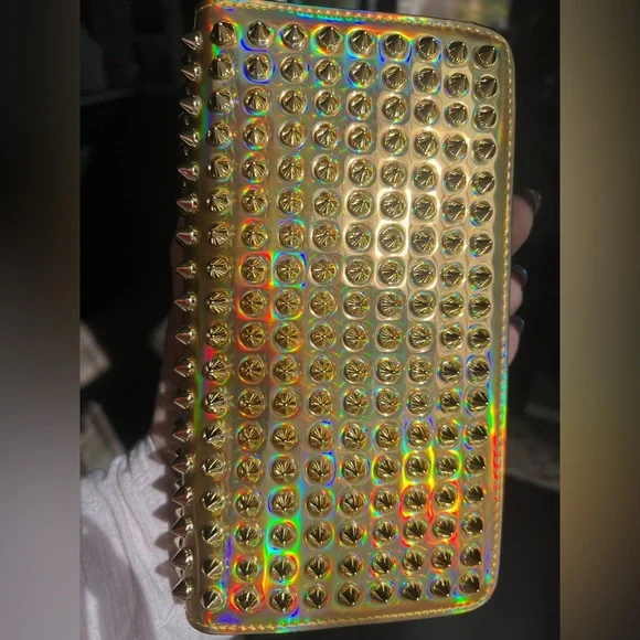 NEW Christian LOUBOUTIN Panettone Iridescent Gold Studded Red Leather Wallet